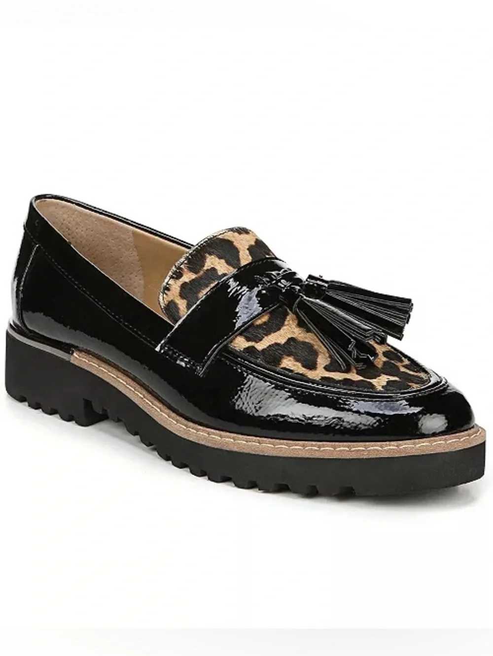 Franco Sarto Black Patent Leather Loafers with Leopard Print